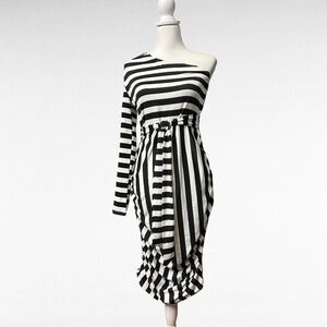 NWT. CBR Asymmetrical One Shoulder Dress, black & white stripe